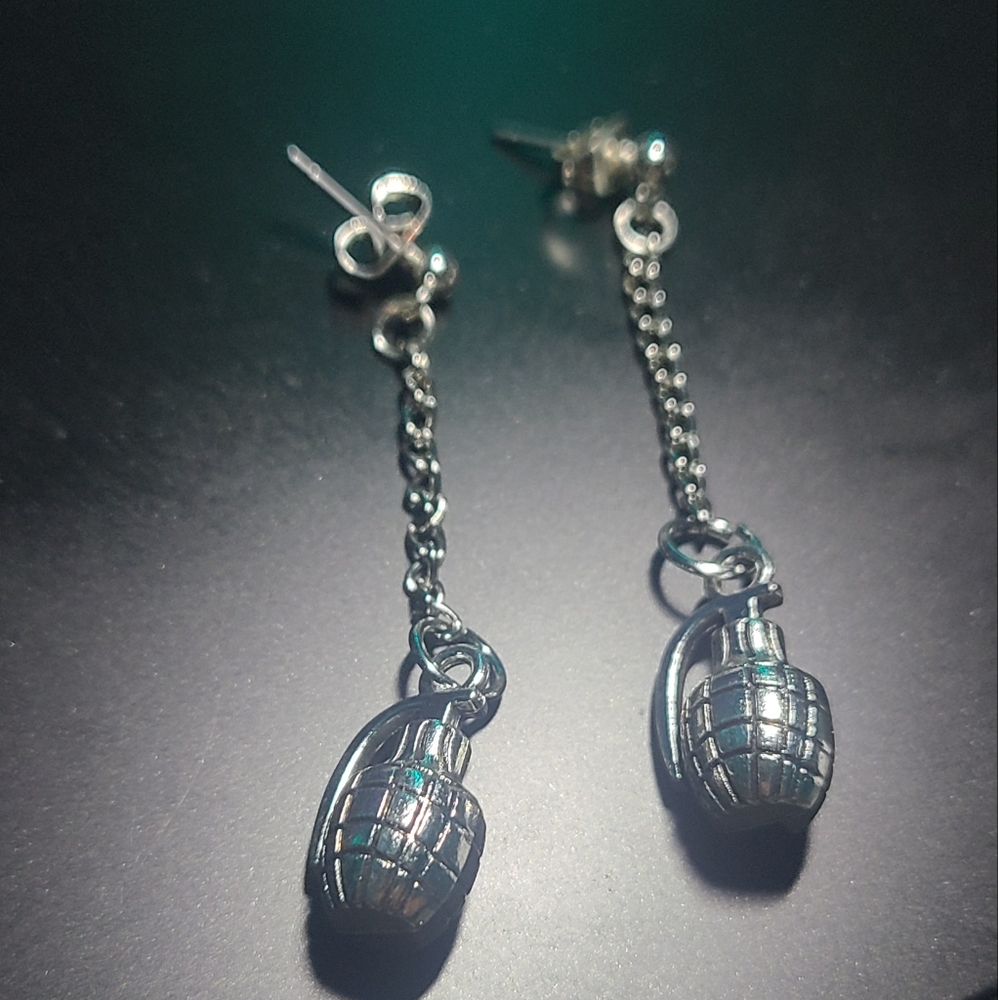 Silver Hand Grenade Dangle Earrings